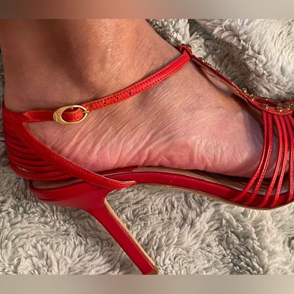 DIOR strappy Red Sandals with Grommet Detail and Gold Embossed Buckle - Picture 16 of 16